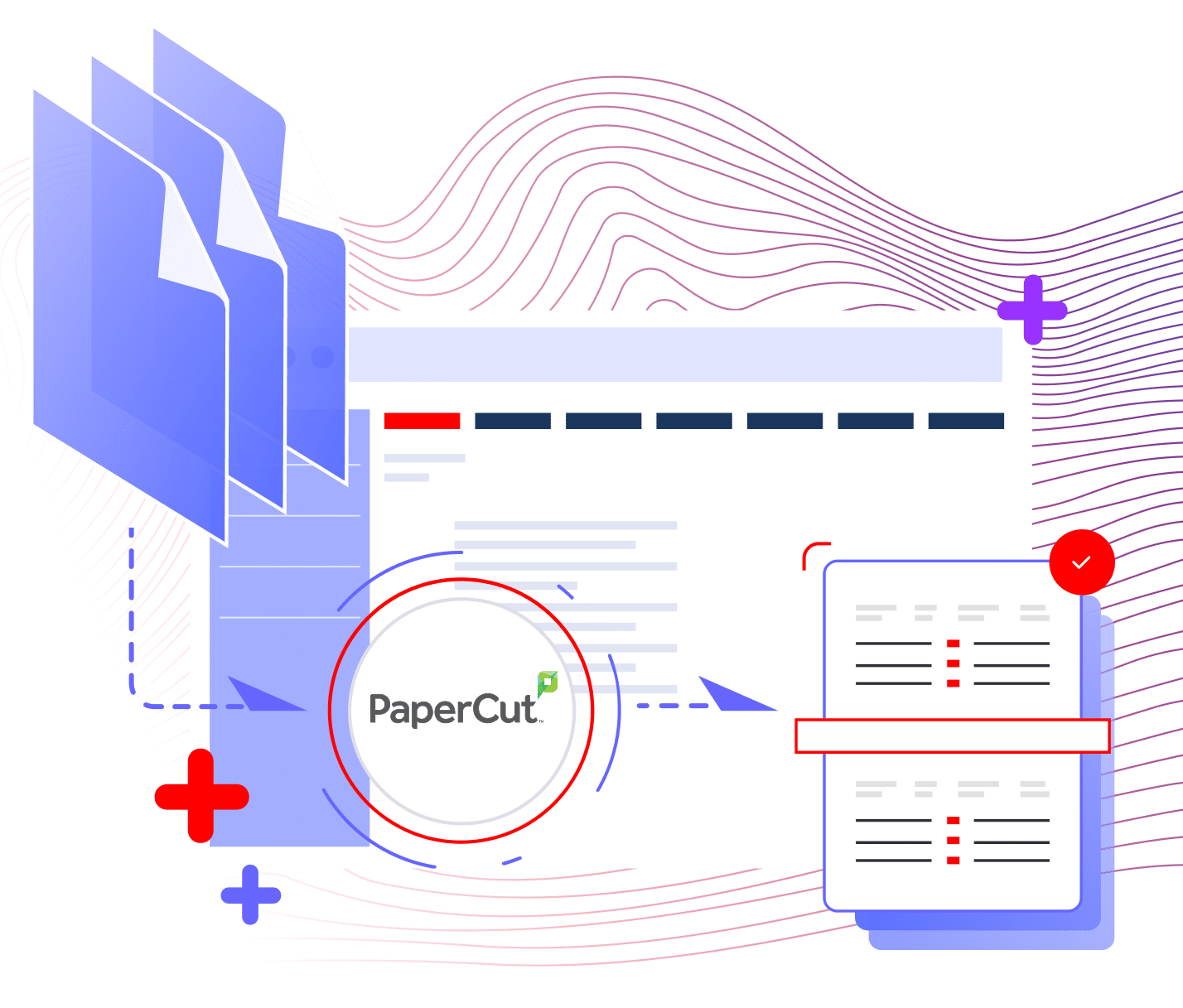 Abstract illustration depicting digital document processing and PaperCut integration, featuring document icons, a dashboard layout, and the PaperCut logo.