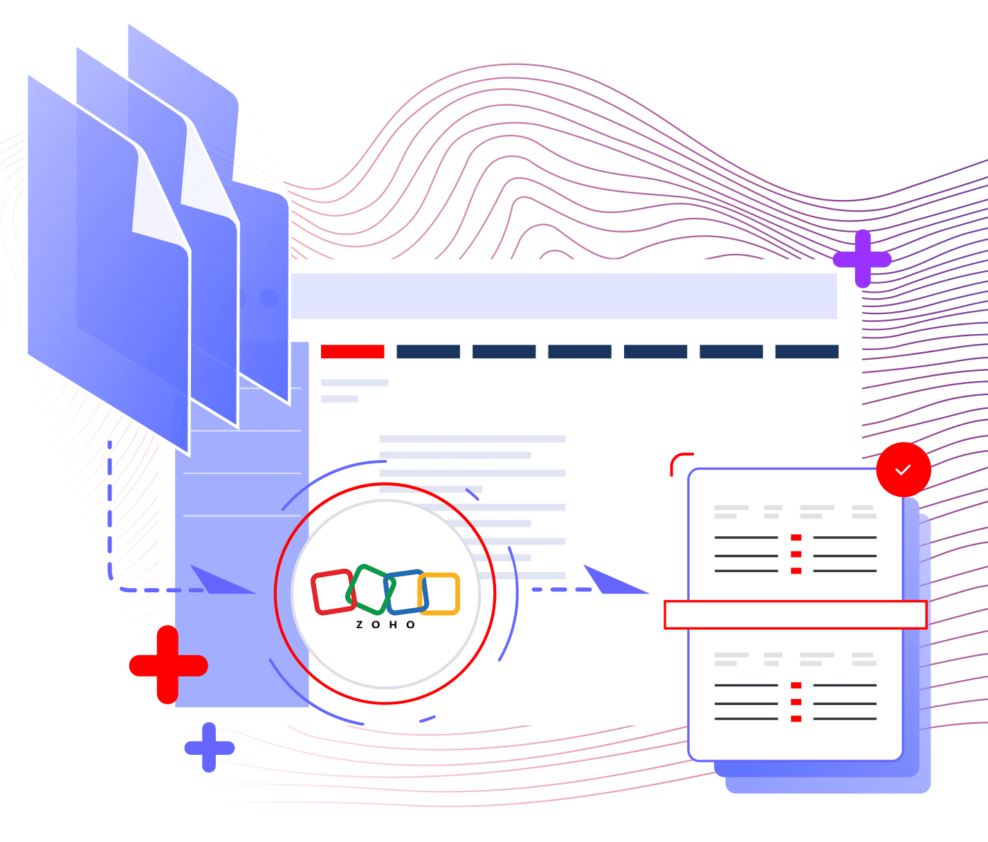 Abstract illustration depicting digital document processing and Zoho integration, featuring document icons, a dashboard layout, and the Zoho logo.