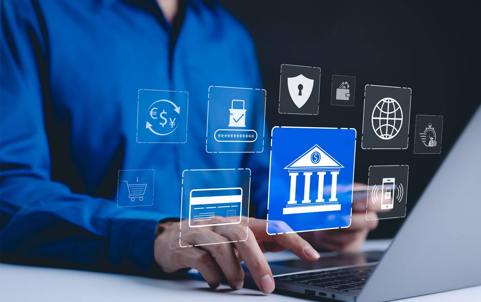 Digital banking and financial technology concept. Financial and digital services, online banking, data security, currency exchange, and payments. growing trend of digital transformation in bank.