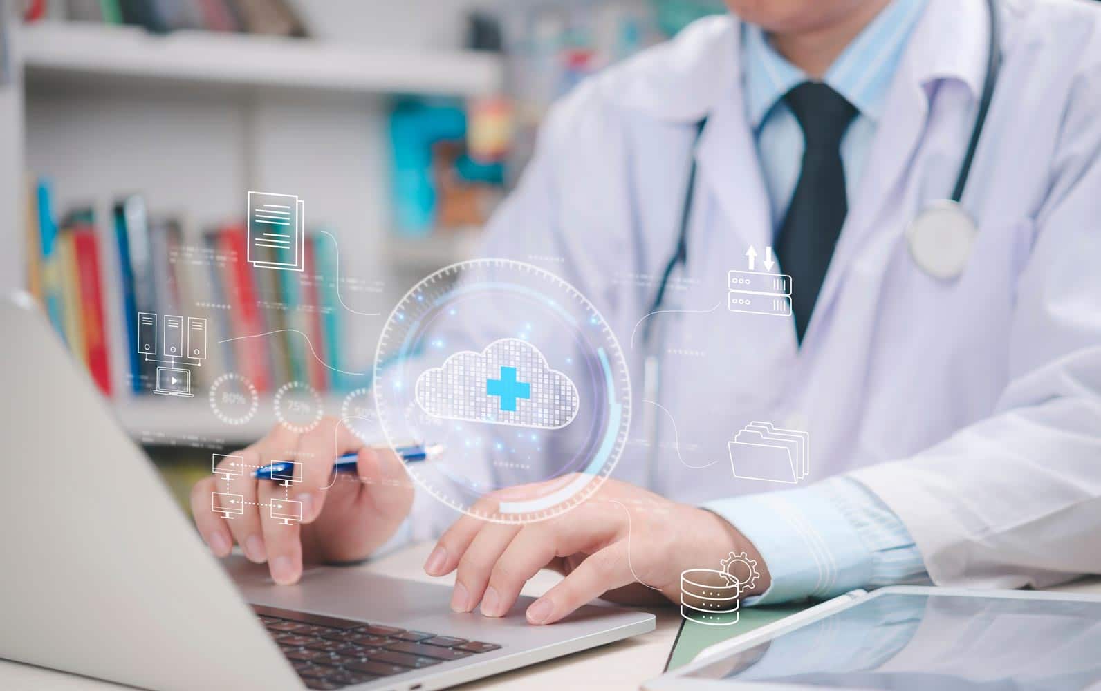 Close up of a Doctor using a laptop